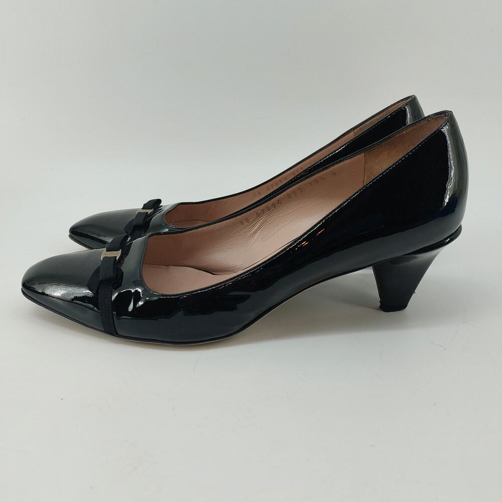 Salvatore Ferragamo Black Patent Leather Mid Heel Pumps